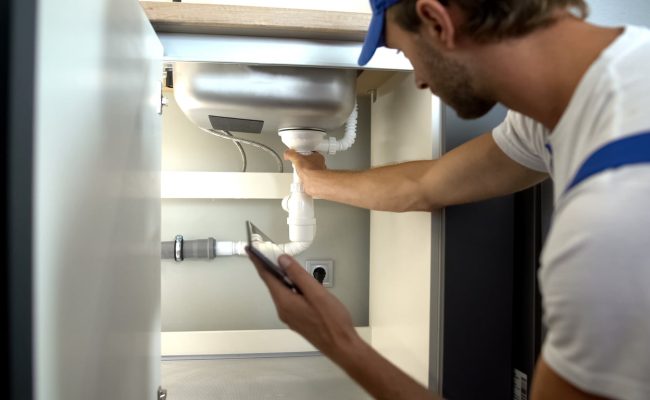 Professional plumber checking water pipes in kitchen, typing report in tablet