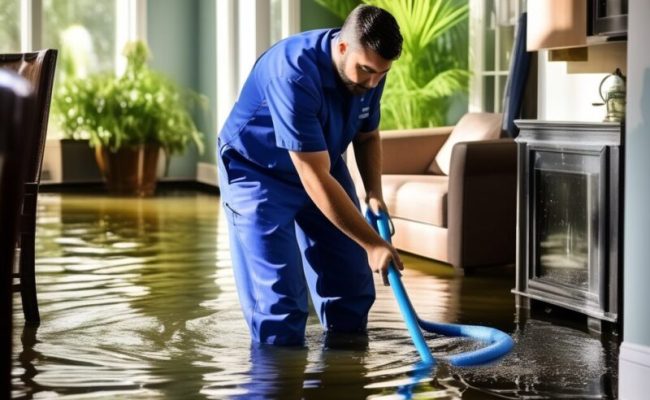 show-a-service-person-cleaning-the-water-flooded-in-a-house-379850369